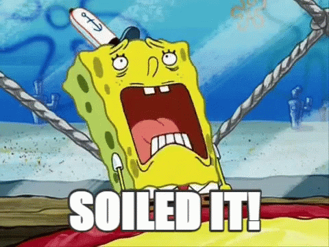 A Cartoon Of Spongebob Saying " Soiled It " With A Knife Sticking Out Of His Head GIF