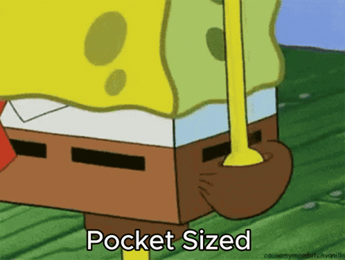 A Cartoon Of Spongebob Says Pocket Sized On The Bottom GIF
