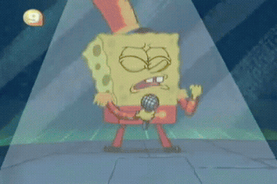 A Cartoon Of Spongebob Singing Into A Microphone While Wearing A Top Hat GIF