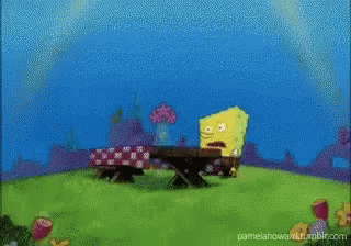 A Cartoon Of Spongebob Sitting At A Picnic Table With The Words " I Need It " Above Him GIF
