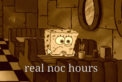 A Cartoon Of Spongebob Sitting At A Table With A Cup Of Coffee And The Words Real Noc Hours Below Him GIF