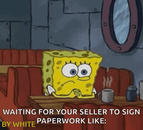 A Cartoon Of Spongebob Sitting In A Diner Waiting For His Seller To Sign A Paperwork GIF