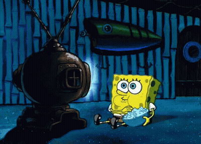 A Cartoon Of Spongebob Sitting In Front Of A Television With The Letter G On It GIF