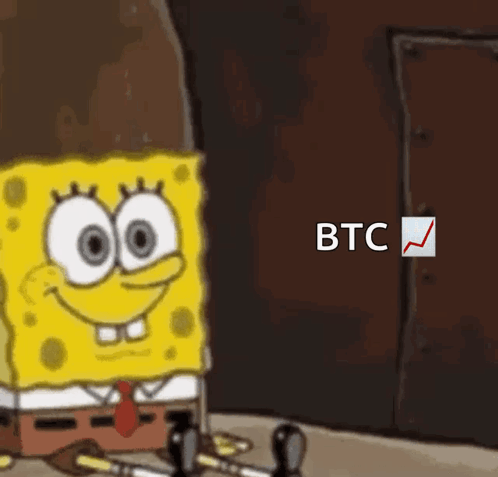 A Cartoon Of Spongebob Sitting In Front Of A Wall With The Word Btc On It GIF