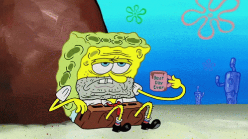 A Cartoon Of Spongebob Sitting In The Sand Holding A Can That Says Best Day Ever GIF