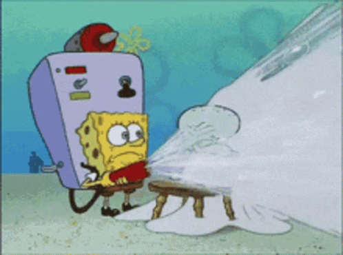 A Cartoon Of Spongebob Sitting On A Stool In Front Of A Machine That Says ' I ' On It GIF