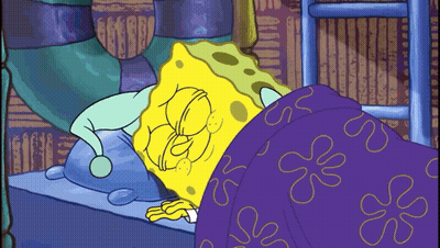 A Cartoon Of Spongebob Sleeping On A Bed With A Purple Blanket GIF