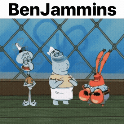 A Cartoon Of Spongebob Squarepants Characters With The Name Benjamins On The Top GIF