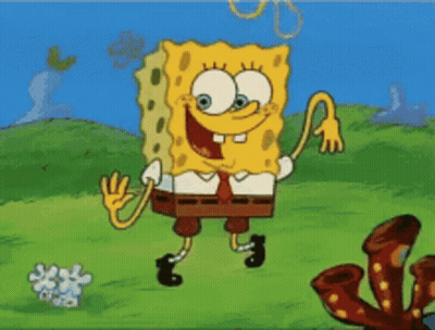 A Cartoon Of Spongebob Squarepants Dancing In A Field GIF