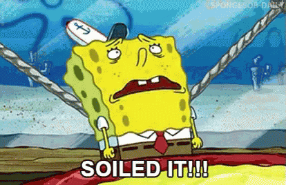 A Cartoon Of Spongebob Squarepants Holding Onto A Rope And Saying `` Soiled It ! '' GIF