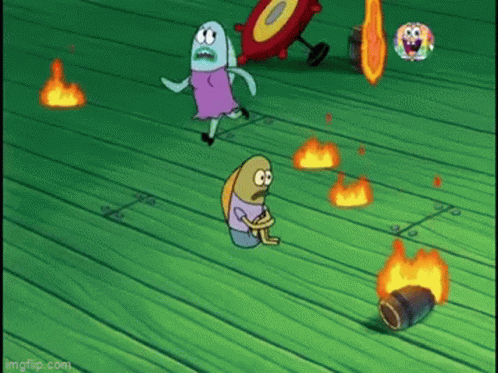 A Cartoon Of Spongebob Squarepants Is Sitting On A Wooden Floor Surrounded By Flames . GIF