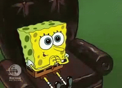 A Cartoon Of Spongebob Squarepants Sitting In A Chair With His Legs Crossed . GIF