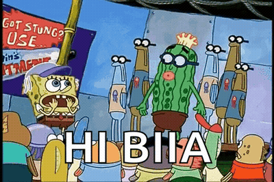 A Cartoon Of Spongebob Squarepants Standing Next To A Cactus With The Words `` Hi Bita '' Written On It . GIF