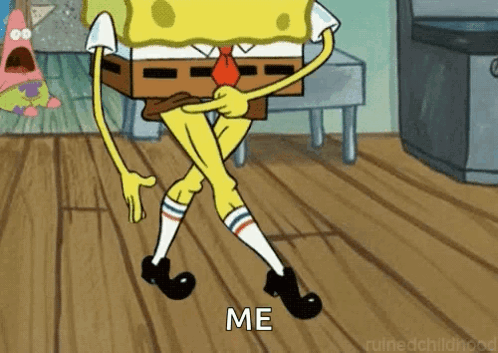 A Cartoon Of Spongebob Squarepants Standing On A Wooden Floor With The Words Me Written On The Bottom GIF
