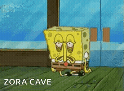 A Cartoon Of Spongebob Squarepants Standing On A Wooden Floor With The Words Zora Cave Written On The Bottom . GIF