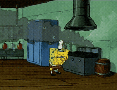 A Cartoon Of Spongebob Standing In A Kitchen With Smoke Coming Out Of The Refrigerator GIF