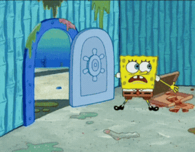 A Cartoon Of Spongebob Standing In Front Of A Blue Door GIF