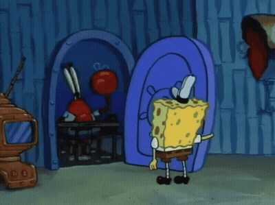 a cartoon of spongebob standing in front of a large blue door