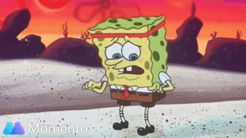 A Cartoon Of Spongebob Standing In The Sand With The Word Momento Written Below Him GIF