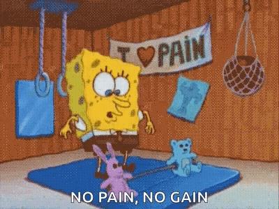 A Cartoon Of Spongebob Standing On A Mat With A Teddy Bear And A Sign That Says I Love Pain GIF