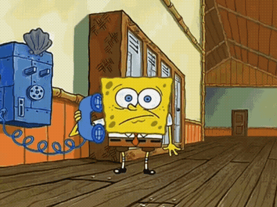 A Cartoon Of Spongebob Talking On A Phone In A Room GIF