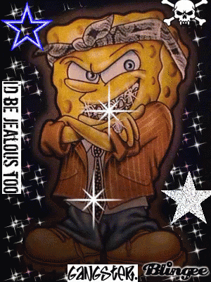 A Cartoon Of Spongebob Wearing A Bandana And A Jacket With The Words Gangster Blingee GIF
