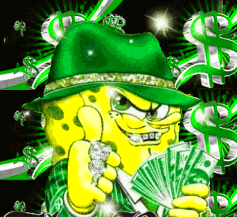 A Cartoon Of Spongebob Wearing A Green Hat Holding A Fan Of Money GIF