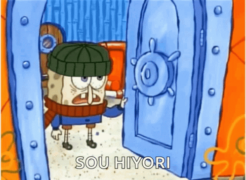 A Cartoon Of Spongebob Wearing A Hat And Scarf Standing In Front Of An Open Door . GIF