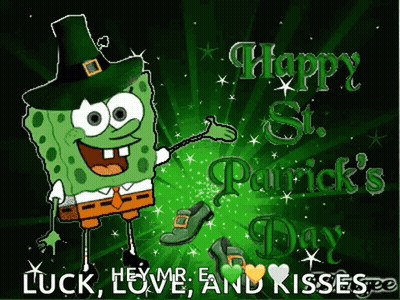 A Cartoon Of Spongebob Wearing A Leprechaun Hat With The Words Happy St. Patrick 'S Day GIF