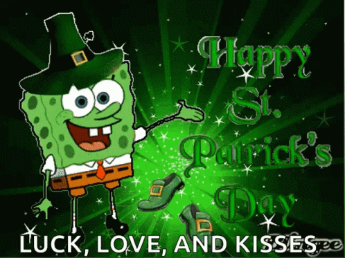 A Cartoon Of Spongebob Wearing A Leprechaun Hat With The Words Happy St. Patrick 'S Day GIF