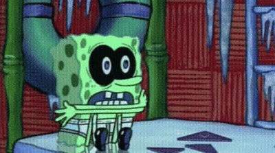 A Cartoon Of Spongebob Wearing A Mask Is Sitting On A Table With Ice Cubes . GIF