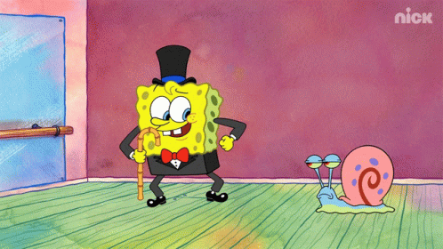 A Cartoon Of Spongebob Wearing A Top Hat And A Cane Standing Next To A Snail GIF