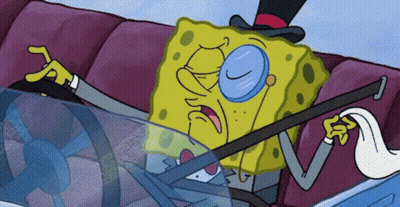 A Cartoon Of Spongebob Wearing A Top Hat And Glasses Driving A Car GIF