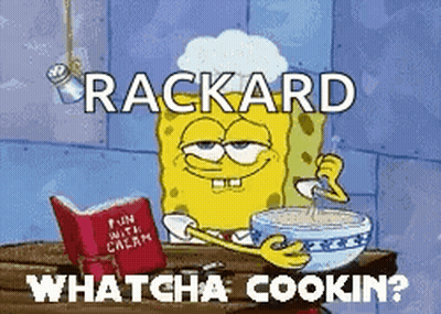 A Cartoon Of Spongebob With A Bowl Of Food And A Book That Says Rackard GIF