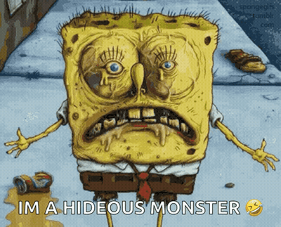A Cartoon Of Spongebob With A Hideous Monster Face GIF
