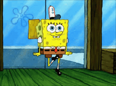 A Cartoon Of Spongebob With A Prosthetic Leg Standing In Front Of A Window GIF