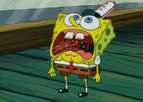 A Cartoon Of Spongebob With His Mouth Open And A Hat With The Letter F On It GIF