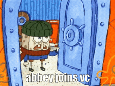 A Cartoon Of Spongebob With The Words Abbey Joins Vc Written On The Bottom GIF