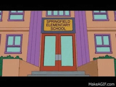 A Cartoon Of Springfield Elementary School With A Yellow Sign Above The Door GIF