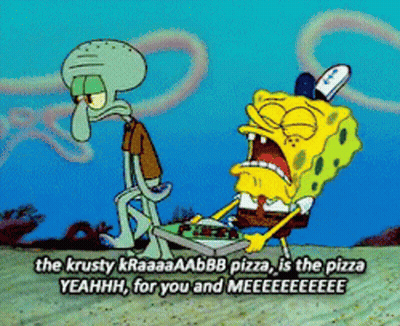 A Cartoon Of Squidward And Spongebob Saying The Krusty Kraaaaabb Pizza Is The Pizza GIF