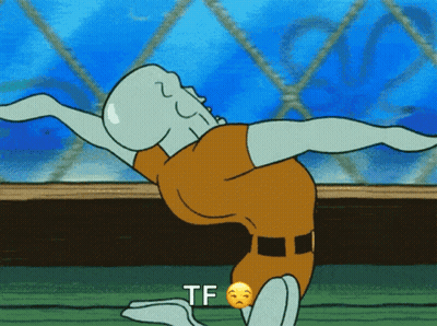 A Cartoon Of Squidward Doing A Yoga Pose With The Word Tf Next To Him GIF