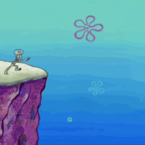 A Cartoon Of Squidward From Spongebob Squarepants Standing On A Cliff Overlooking The Ocean GIF