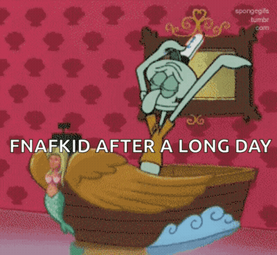 A Cartoon Of Squidward In A Boat With The Words Fnafkid After A Long Day GIF