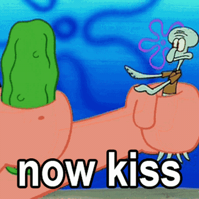 A Cartoon Of Squidward Sitting On Patrick 'S Finger With The Words Now Kiss Above Him GIF