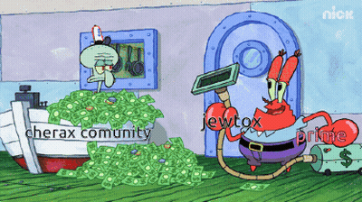 A Cartoon Of Squidward Standing Next To A Pile Of Money With The Words Cherax Community Written On The Bottom GIF