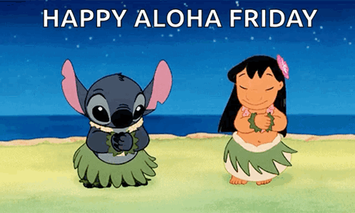A Cartoon Of Stitch And Lilo Dancing With The Words Happy Aloha Friday GIF
