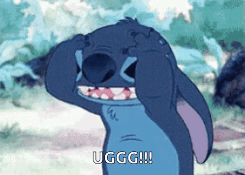 A Cartoon Of Stitch Covering His Eyes With His Hands And The Words Uggg !! Below Him . GIF