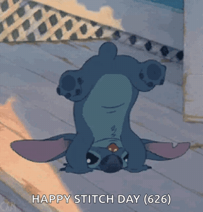 A Cartoon Of Stitch Doing A Handstand With The Words Happy Stitch Day Written Below It GIF