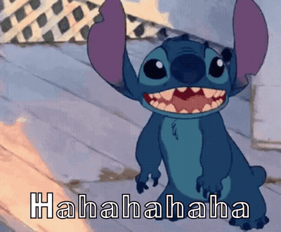 A Cartoon Of Stitch Laughing With The Words ' Hahahaha ' Written Below Him GIF