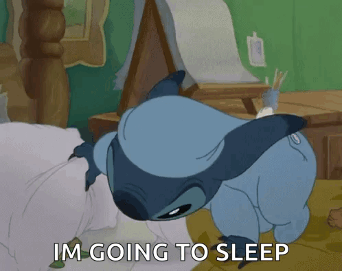 A Cartoon Of Stitch Laying On A Bed With The Words Im Going To Sleep Below Him GIF